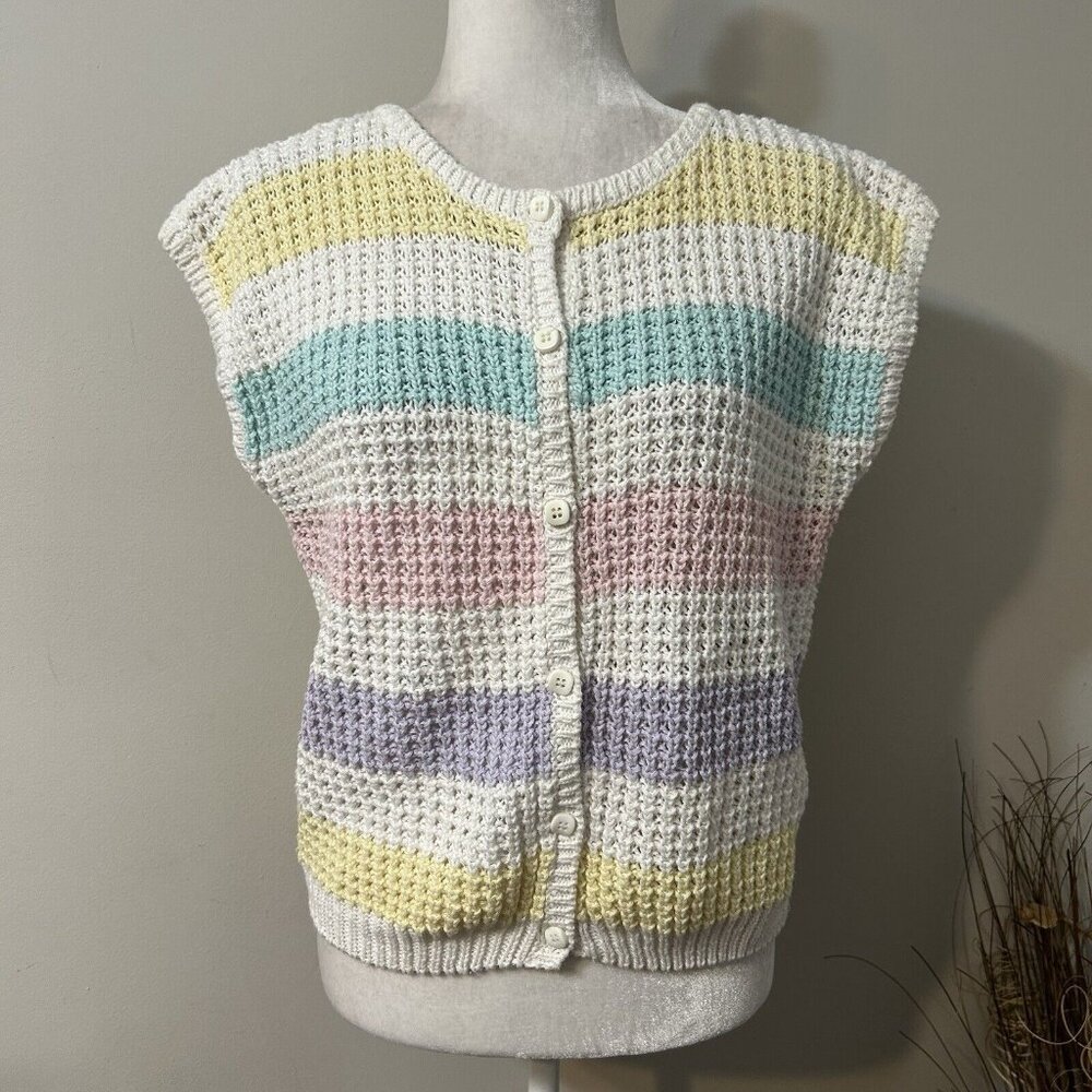 VTG AMBROSIA Women Button Up Cardigan Vest Sweater Multicolor Waffle Open Knit L